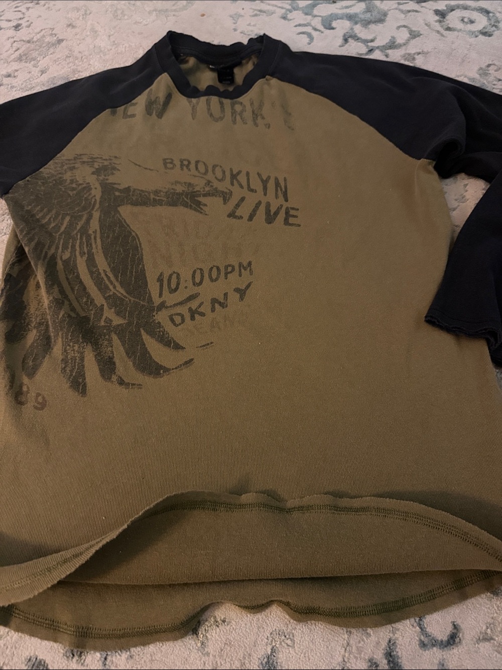 DKNY Olive Green and Black Raglan Graphic Sweatshirt